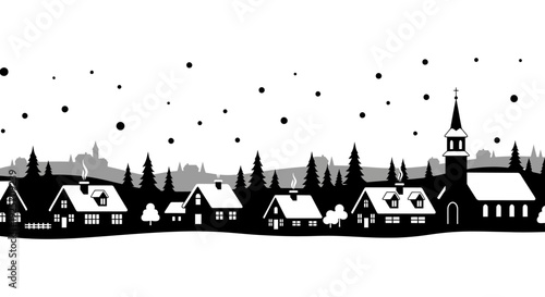 Winter cityscape silhouette with falling snow and a church steeple