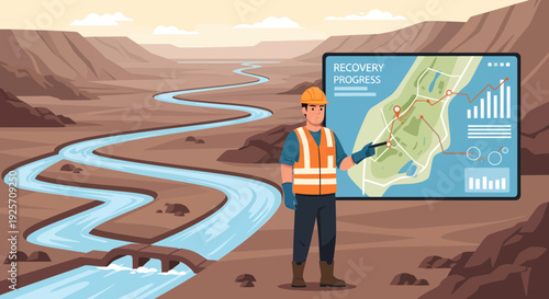 Engineer presenting river recovery project on digital screen.