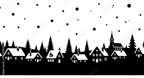 A silhouetted winter townscape against a dark background with falling snow