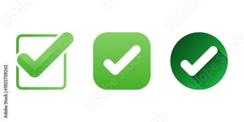 Green checkmark icon set with square rounded square and circle shapes on transparent background
