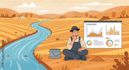 Farmer analyzing agricultural data on a digital dashboard.