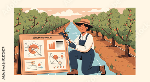 Farmer analyzing agricultural data on a display board in an orchard.