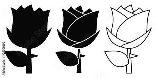 Set of three stylized rose vector illustrations in black and white