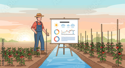 Farmer analyzing agricultural data on a presentation board in a field.