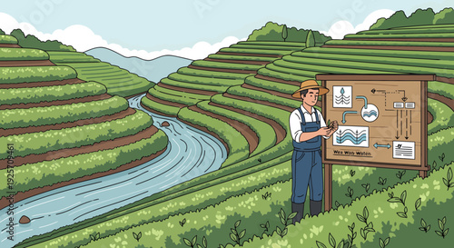 Farmer Explaining Sustainable Agriculture Practices on Display Board.