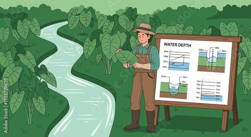 Farmer Explains Water Depth Measurement with Informative Display Board.