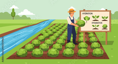 Farmer harvesting cabbage in a field with an irrigation system.