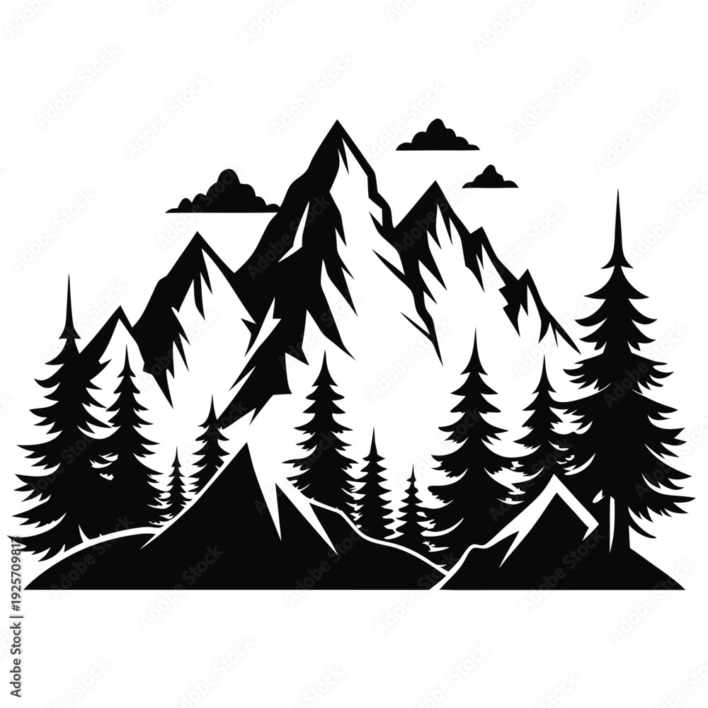 Obraz premium high mountains and evergreen trees silhouette line art vector illustration with a white background