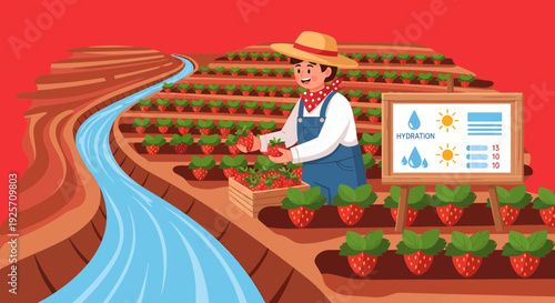Farmer harvesting strawberries in a smart agriculture field.