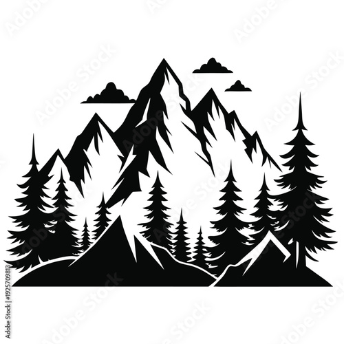 high mountains and evergreen trees silhouette line art vector illustration with a white background