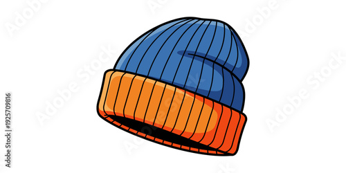 A stylish knit beanie with a blue top and orange bottom band for cold weather wear.