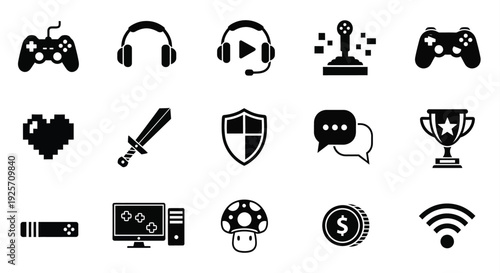 Black gaming icons depicting controllers headsets and related elements silhouette