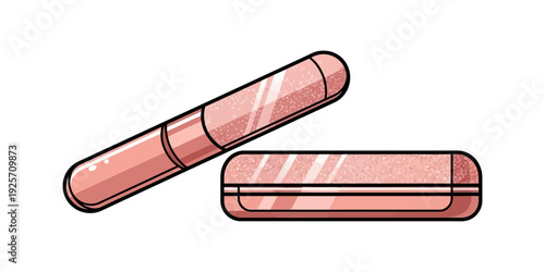 Illustration of a pink lipstick and its matching compact case.