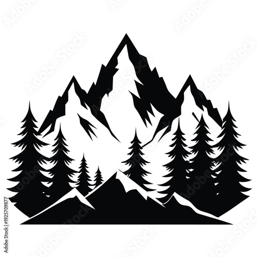 high mountains and evergreen trees silhouette line art vector illustration with a white background
