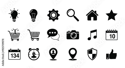 Collection of black icons representing ideas and modern technology silhouette