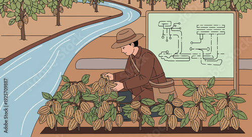 Farmer inspecting crops in a field with a river nearby.