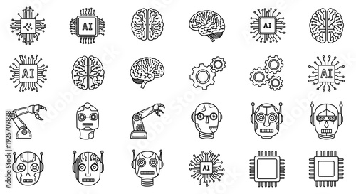 Collection of ai and robotics icons and brain symbols