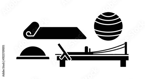 Black icons of yoga mat, ball, and blocks