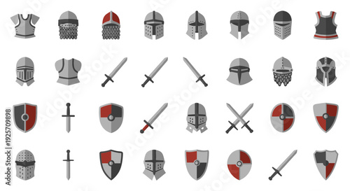Medieval armor and weapon icons with shields and swords