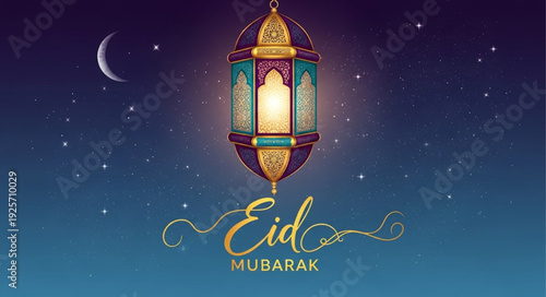 Beautiful Eid Mubarak lantern hanging in the night sky.