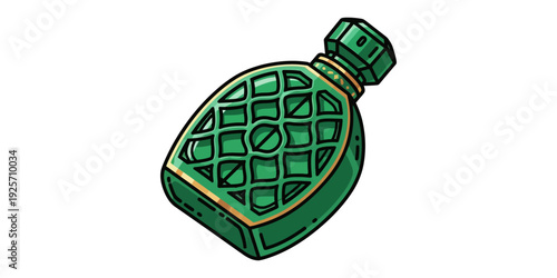 A stylized green geometric bottle with a textured surface and cap