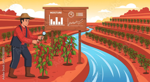 Farmer monitoring crops with smart device in agricultural field.