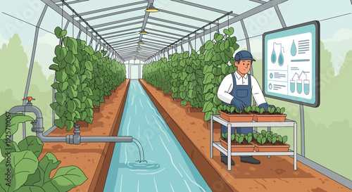 Farmer monitoring plants in a greenhouse with a digital display.