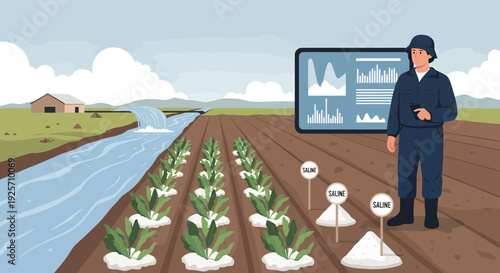 Farmer monitoring smart farm with digital tablet and sensors.
