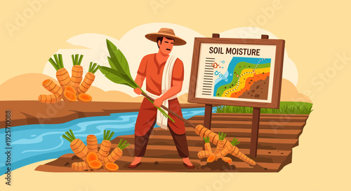 Farmer monitoring soil moisture for optimal carrot harvest.