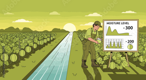 Farmer monitoring soil moisture levels with digital display.