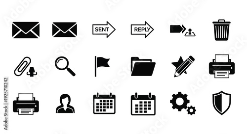 Collection of black communication and office icons in a flat silhouette