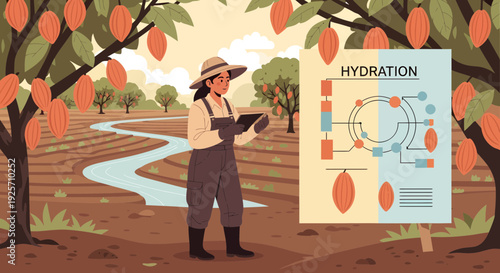 Farmer studying hydration diagram in cocoa plantation.