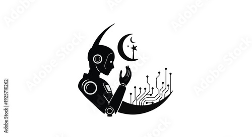 Robot reaching for crescent moon with circuit board arm