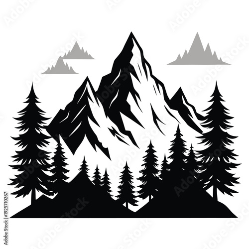 high mountains and evergreen trees silhouette line art vector illustration with a white background