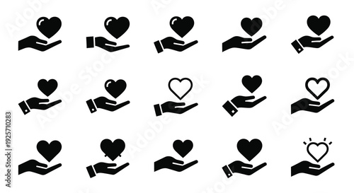 Hands offering hearts in a minimalist black design silhouette