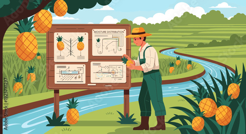 Farmer studying pineapple growth data on a large display board.