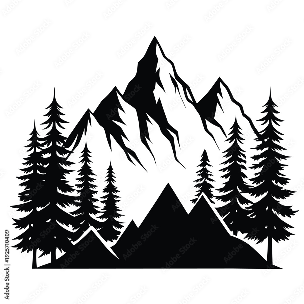 Obraz premium high mountains and evergreen trees silhouette line art vector illustration with a white background