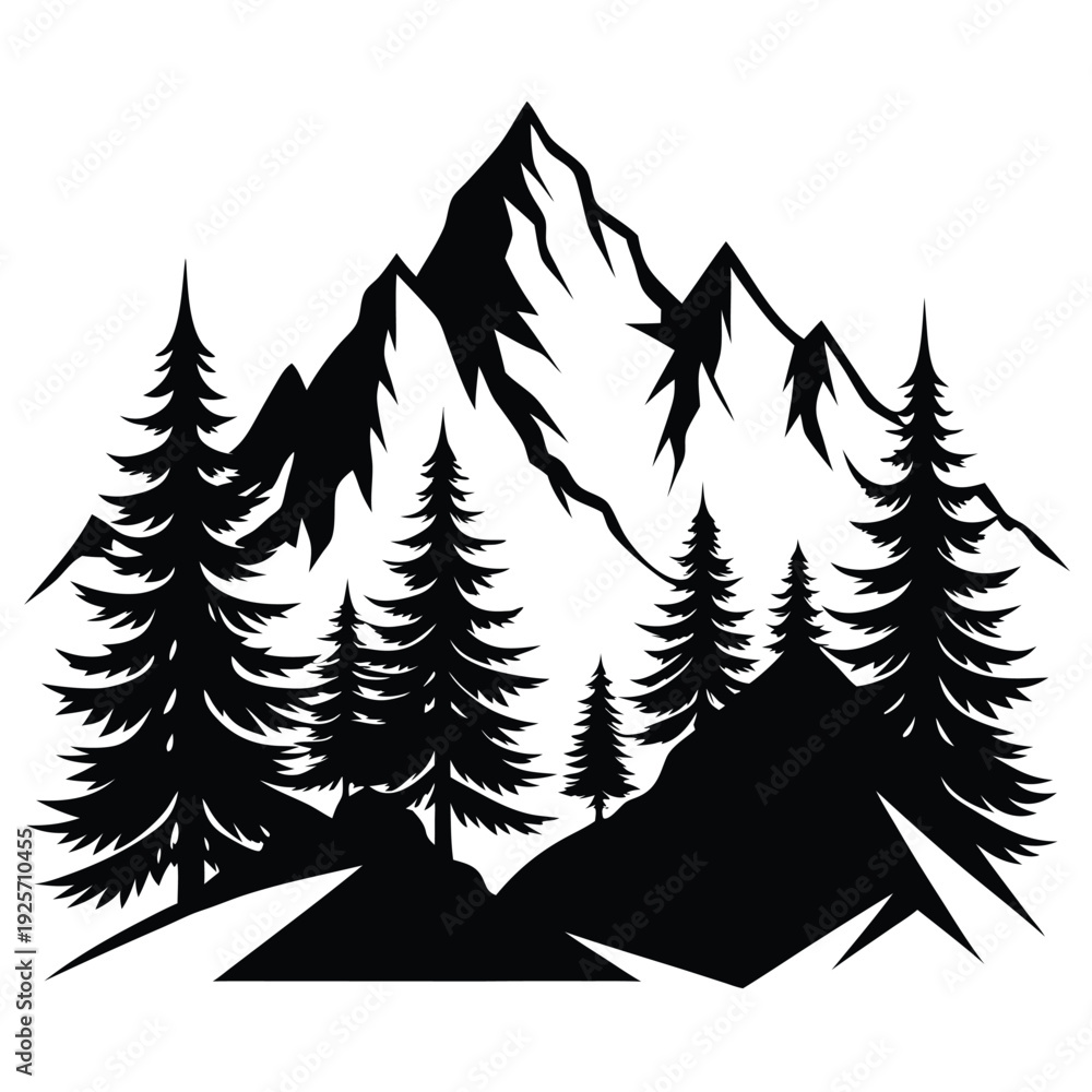 Obraz premium high mountains and evergreen trees silhouette line art vector illustration with a white background