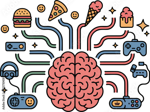 A happy brain connected to various sources of pleasure including fast food and gaming in a network.