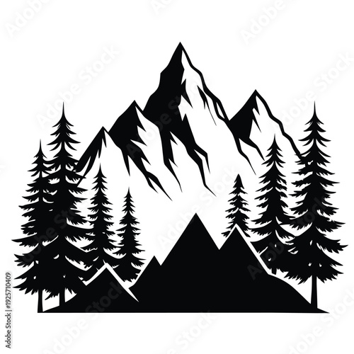 high mountains and evergreen trees silhouette line art vector illustration with a white background