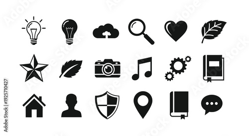 Collection of black icons representing ideas creativity and technology silhouette
