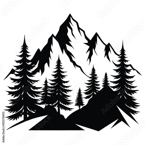 high mountains and evergreen trees silhouette line art vector illustration with a white background