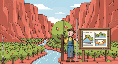 Farmer with measuring tools and informational sign in a canyon.