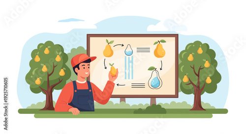 Male scientist examining genetically modified pear in orchard.