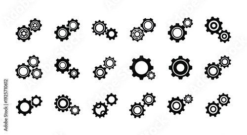Arrangement of various black gear icons against a white background silhouette