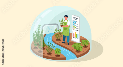 Man cultivating plants in a modern indoor farm with data display.