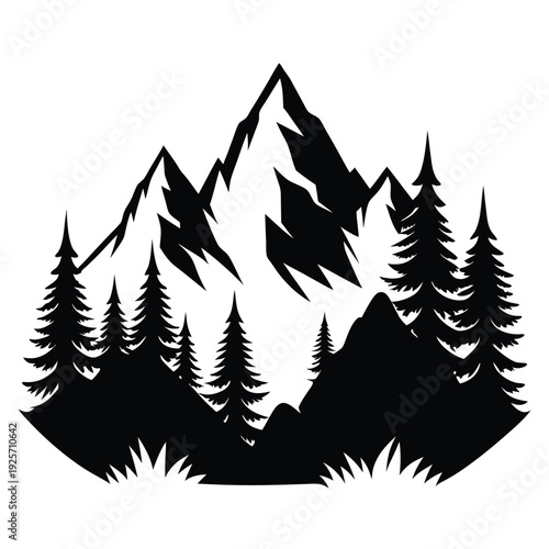 high mountains and evergreen trees silhouette line art vector illustration with a white background