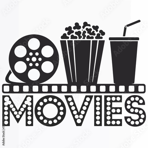 Black and white graphic features a film reel, popcorn, and a soda cup on a film strip.