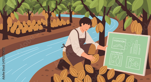 Man harvesting cocoa pods in a lush plantation.