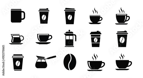 Various coffee containers and beans depicted in a black silhouette